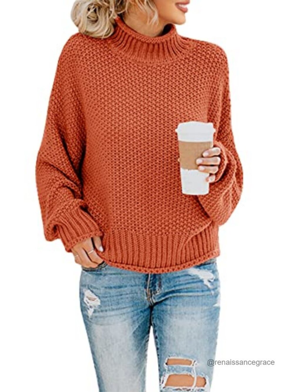 Womens Oversized Turtleneck Sweater Batwing Long Sleeve Chunky Knit Pullover